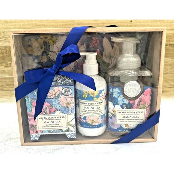 Michel Design Works Magnolia Gift Set Soap, Lotion & Candle in Wooden Box New! - Picture 1 of 10